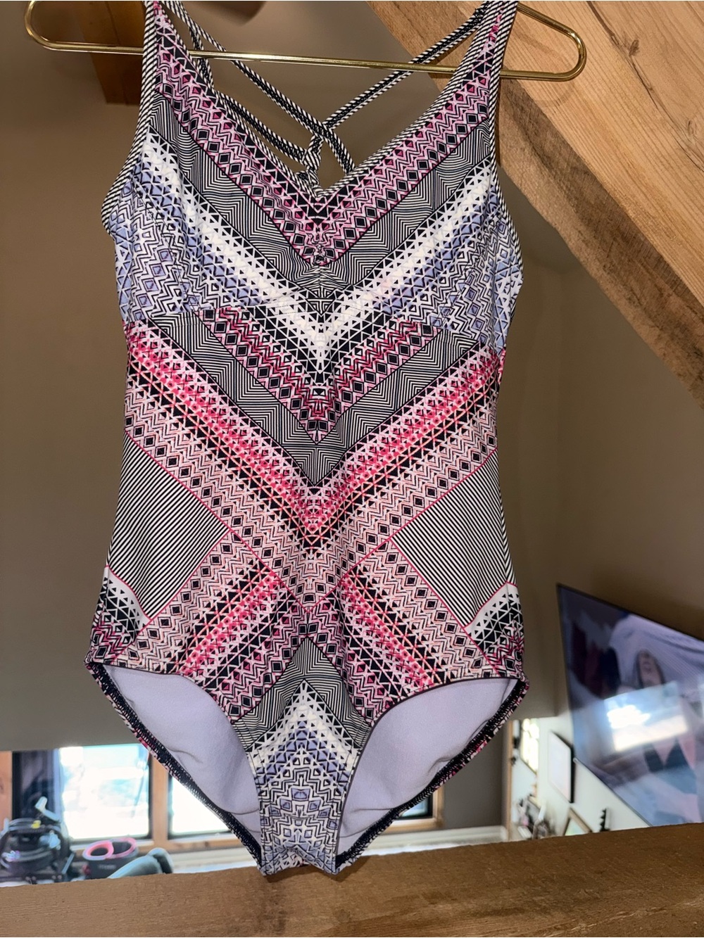 Prana Patterned One-Piece Swimsuit in Black, White & Pink